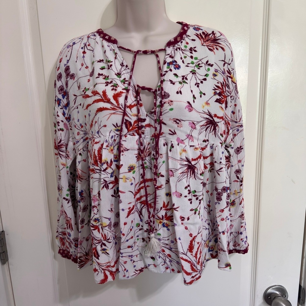 Kori America Boho Floral Peasant Blouse Double Tie Front Small Long Sleeve